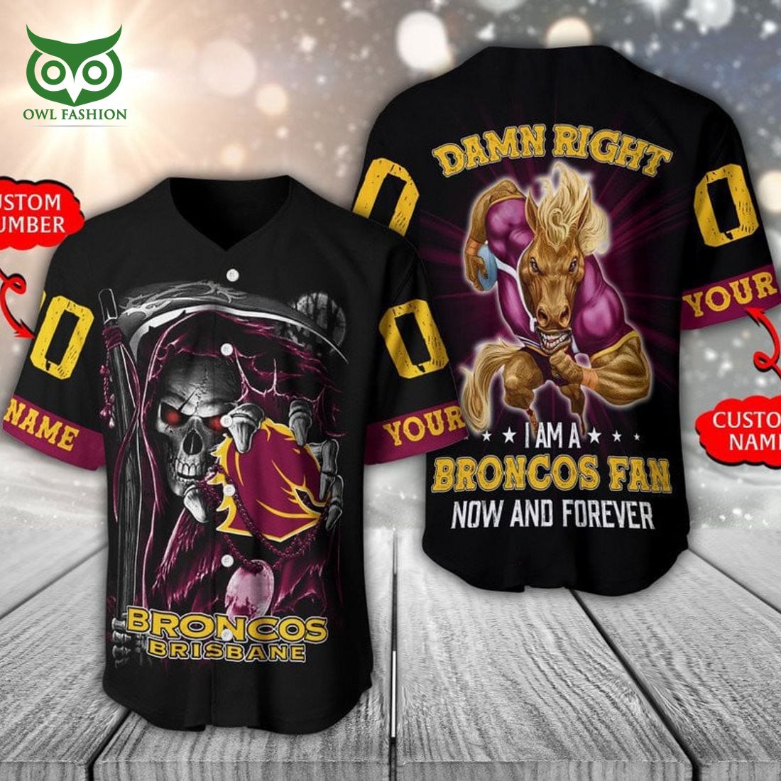 Personalized Brisbane Broncos NRL Skull Baseball Jersey Shirt baseball jersey product view 1