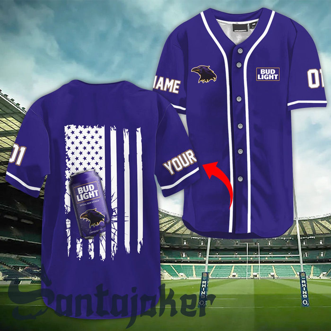 Personalized Bud Light Raven American Flag Baseball Jersey - Gift for Men Women - Gift for Men Women - lylyprint.com baseball jersey product view 2