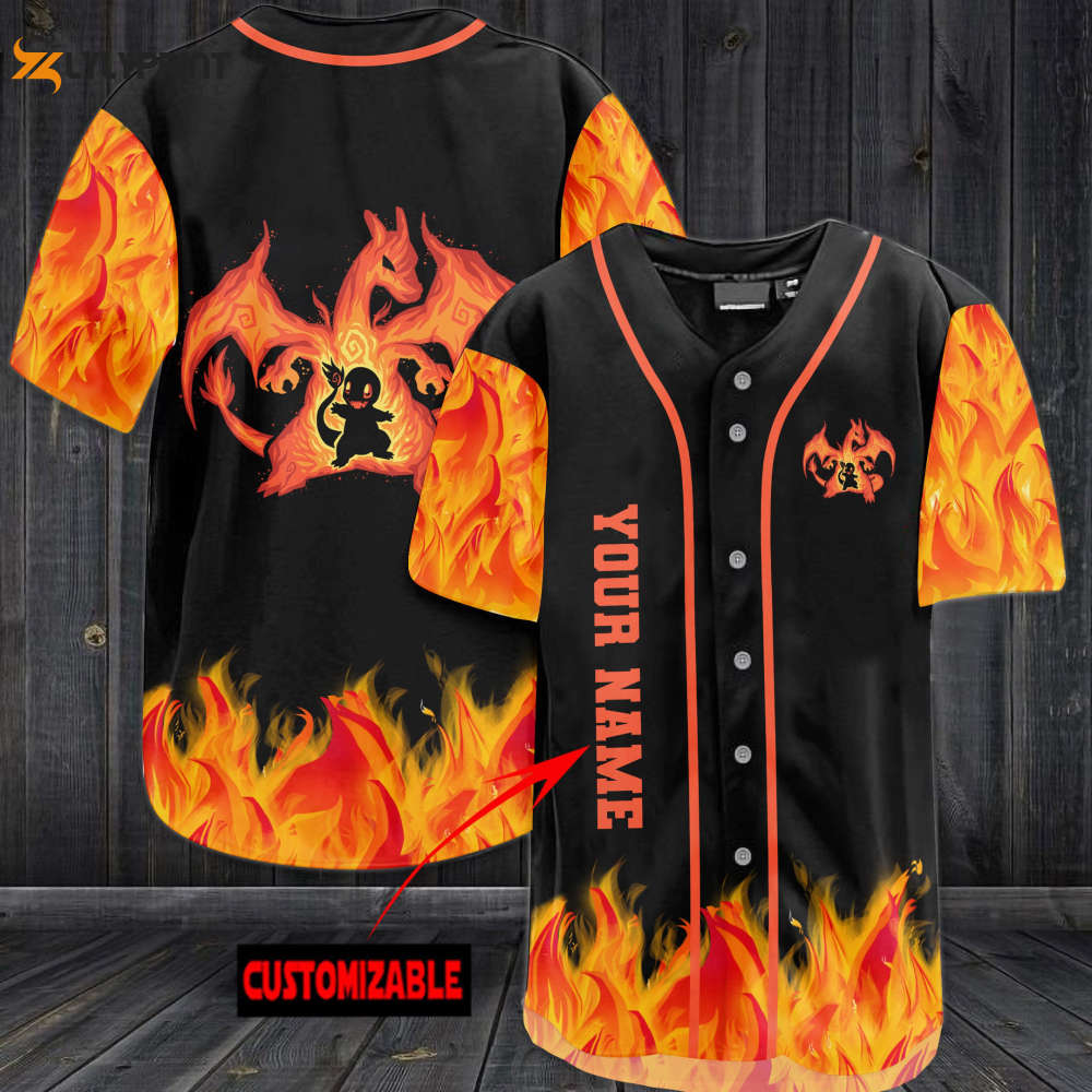 Personalized Charizard Fire Baseball Jersey - lylyprint.com baseball jersey product view 1