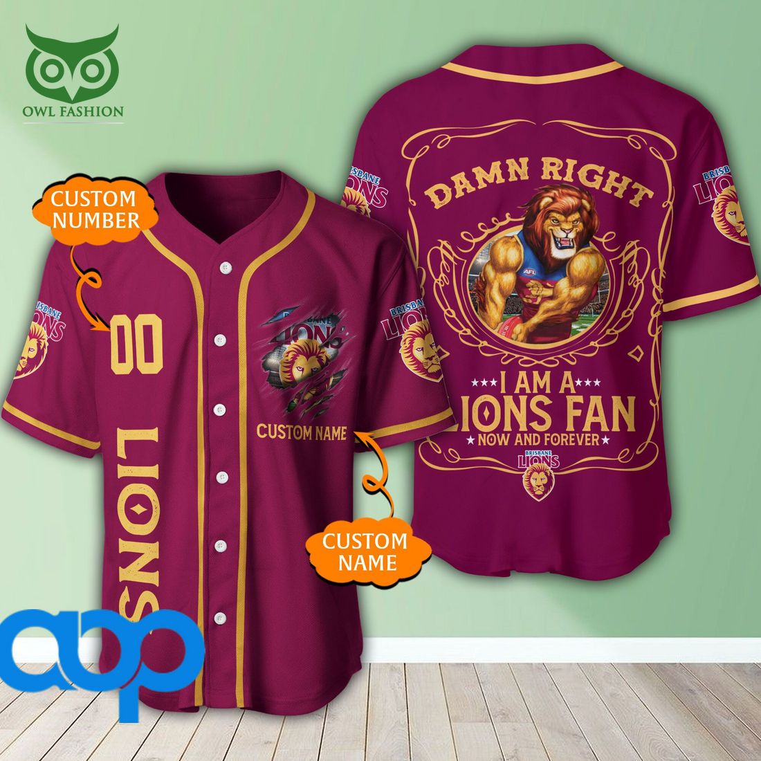 Personalized Damn Right Brisbane Lions 3D Baseball Jersey AFL Mascot baseball jersey product view 1