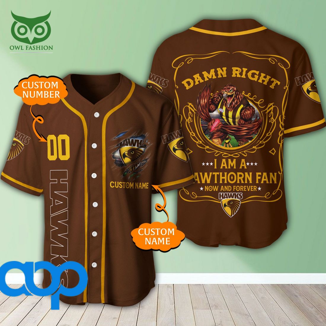 Personalized Damn Right Hawthorn Football Club 3D Baseball Jersey AFL Mascot football jersey product view 1
