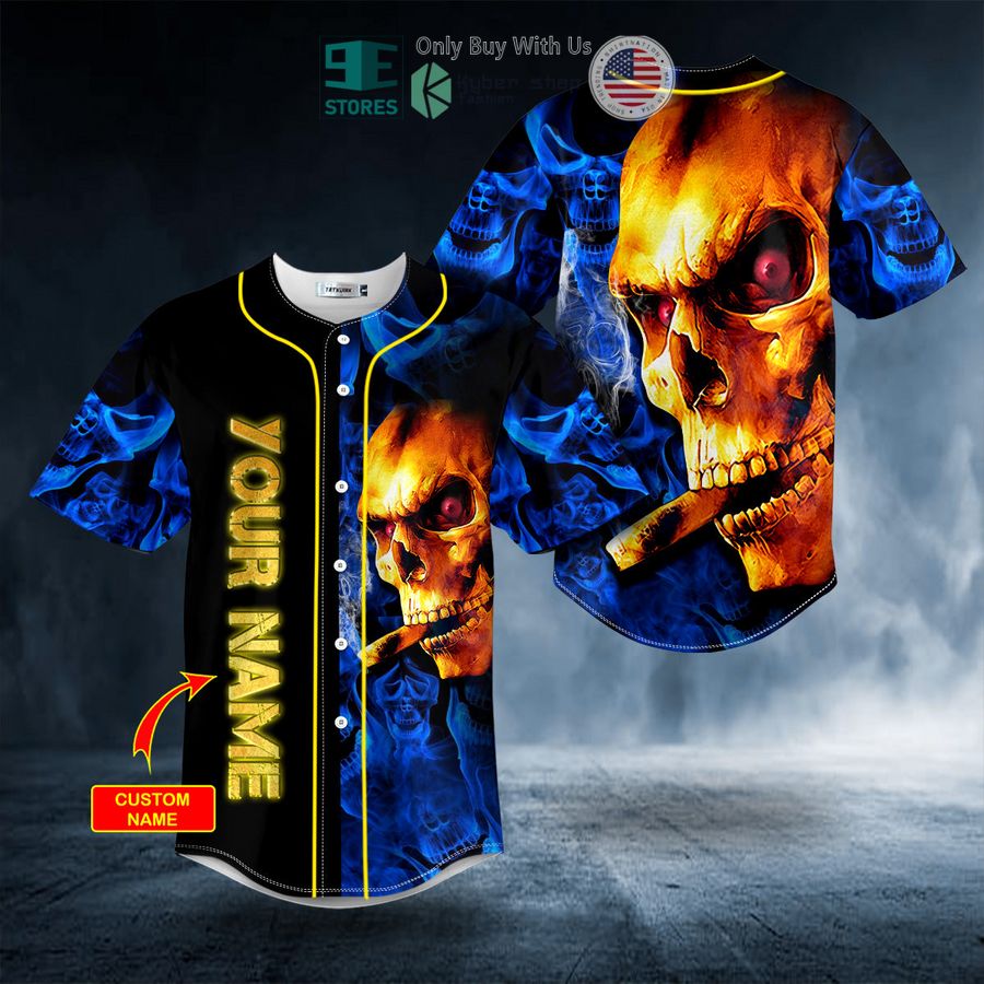BEST Personalized Golden Smoking Blue Smoke Skull Custom Baseball Shirt baseball jersey product view 1