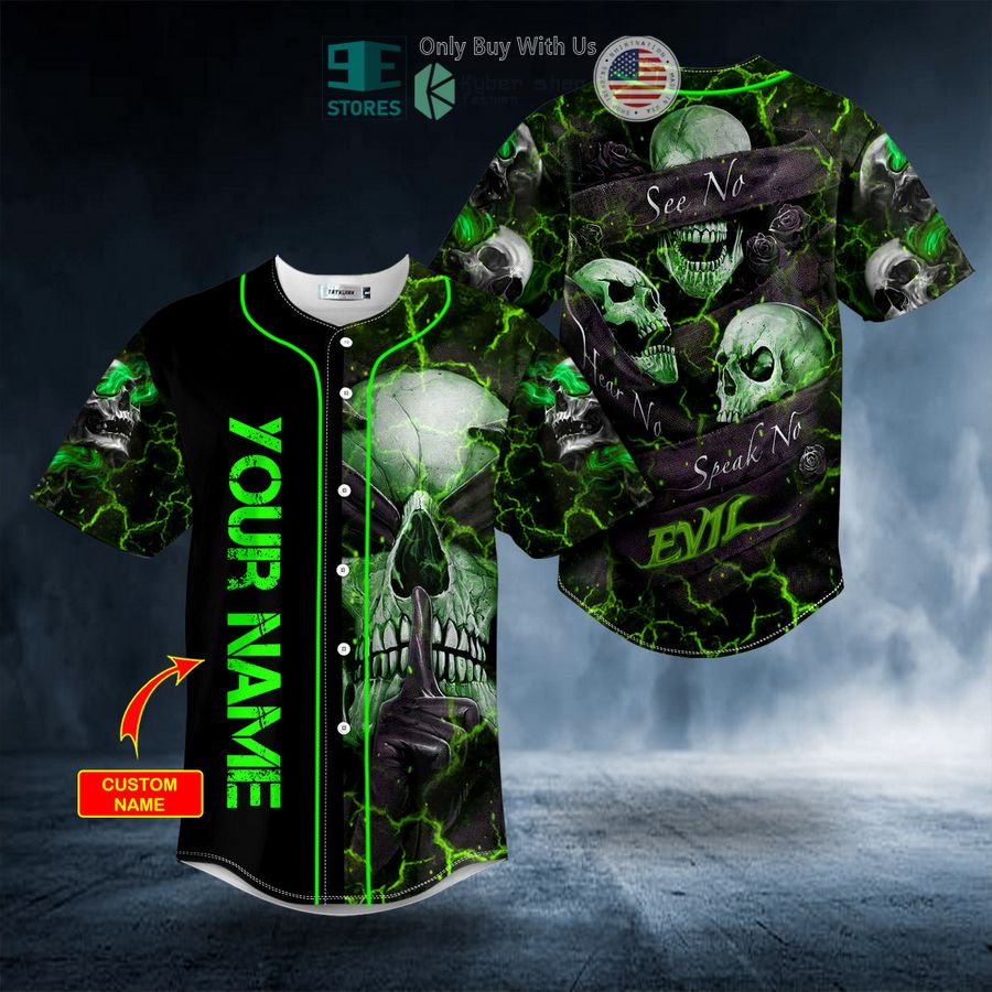 BEST Personalized Hear No Evil See No Evil Speak No Evil Custom Green Skull Baseball Shirt baseball jersey product view 1