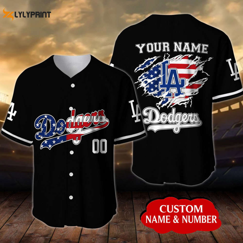 Personalized Los Angeles Dodgers USA Flag All Over Print Unisex Baseball Jersey - lylyprint.com baseball jersey product view 1