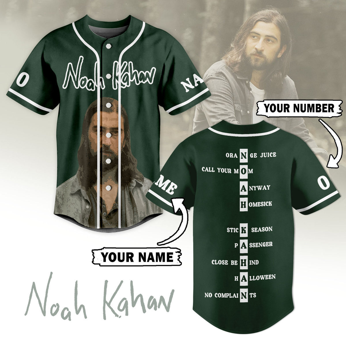 Personalized Noah Kahan Music Artist Green Baseball Jersey baseball jersey product view 1