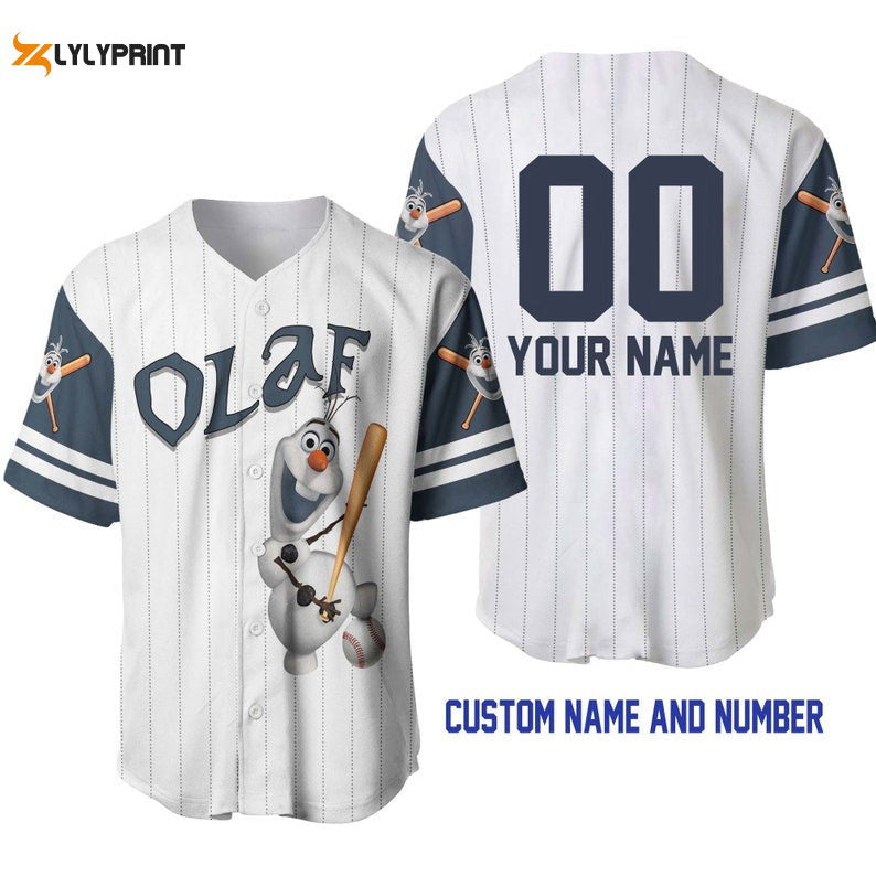 Personalized Olaf Snowman Frozen All Over Print Pinstripe Baseball Jersey - Gift for Men Women - lylyprint.com baseball jersey product view 1