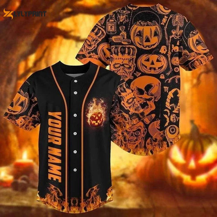 Personalized Scary Halloween Pattern All Over Print Baseball Jersey - lylyprint.com baseball jersey product view 1