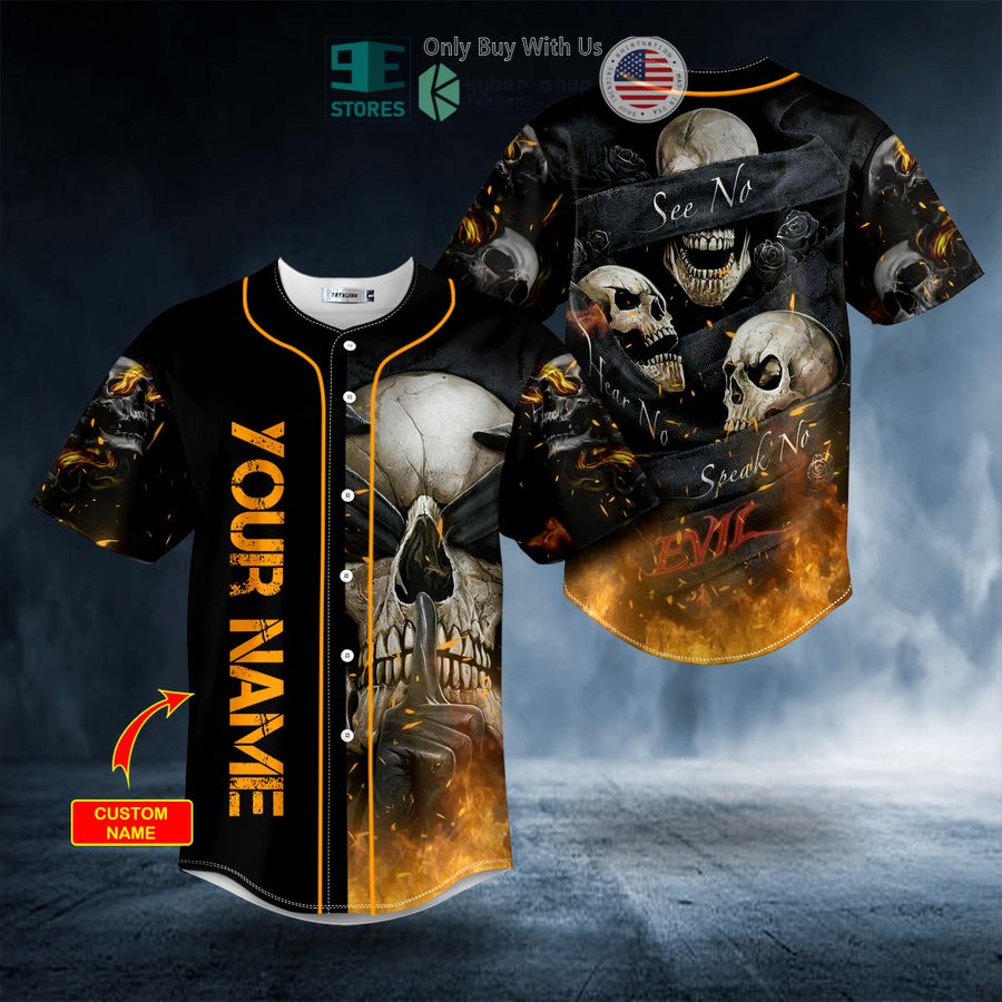 BEST Personalized See Hear Speak No Evil Fire Skull Custom Baseball Shirt baseball jersey product view 1