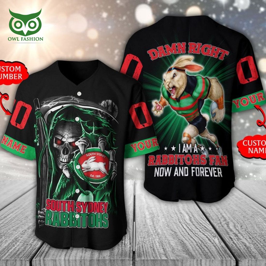 Personalized South Sydney Rabbitohs NRL Skull Baseball Jersey Shirt baseball jersey product view 1