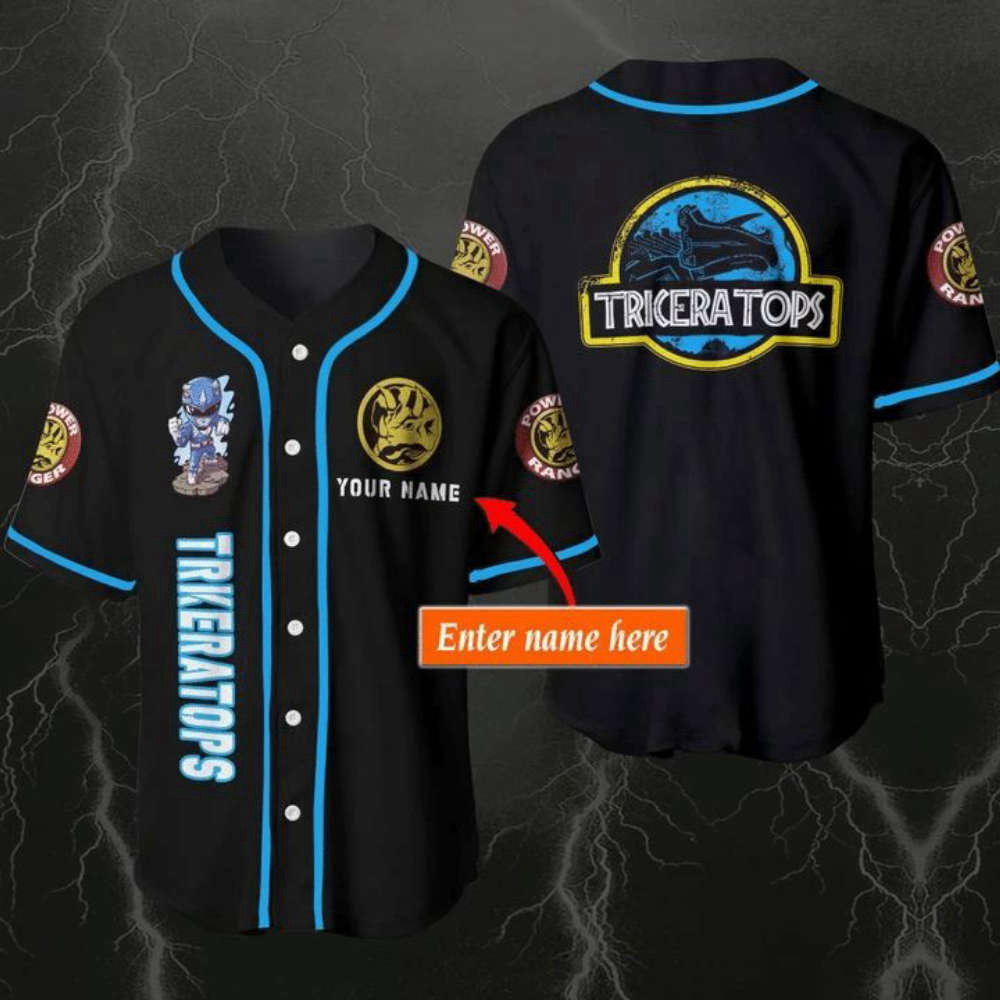 Personalized Triceratops Blue Superman Baseball Jersey - Aopprinter baseball jersey product view 2