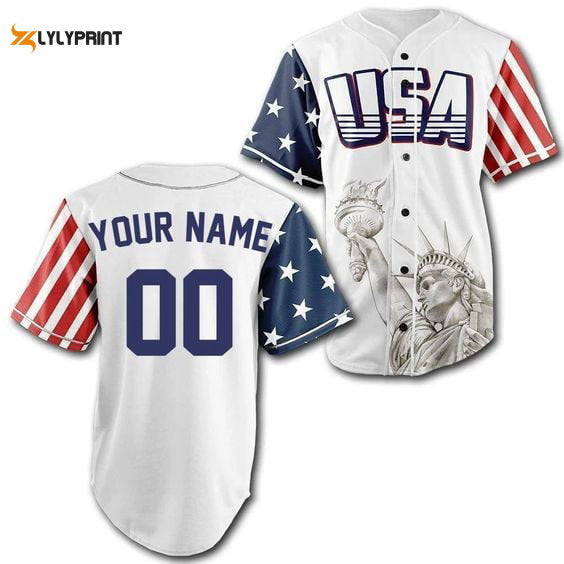Personalized USA American Flag Statue of Liberty All Over Print Unisex Baseball Jersey - Gift for Men Women - lylyprint.com baseball jersey product view 1