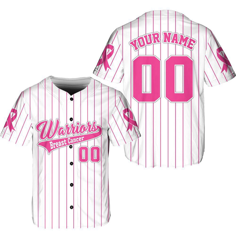 Personalized Warriors Breast Cancer Team Name And Number Baseball Jersey For Men Women - lylyprint.com baseball jersey product view 2