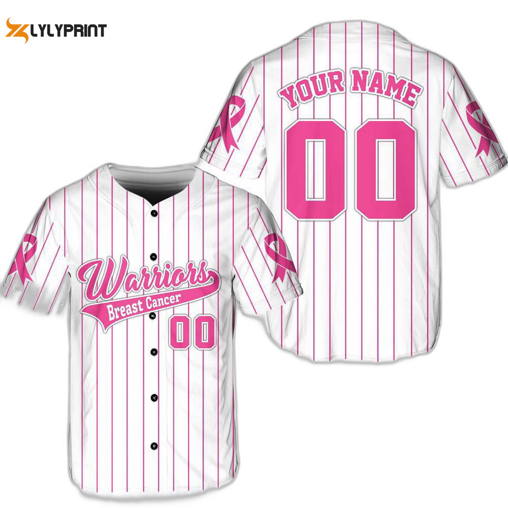 Personalized Warriors Breast Cancer Team Name And Number Baseball Jersey For Men Women - lylyprint.com baseball jersey product view 1