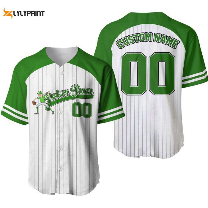 Peter Pan Striped Green White Unisex Cartoon Graphic Casual Outfit Custom Baseball Jersey Gifts for Fans - lylyprint.com baseball jersey product view 1