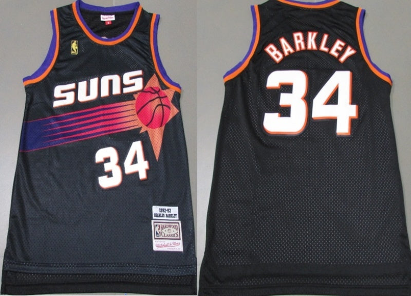 phoenix suns #34 charles barkley Barkley 34 # Black 1992-93 Retro Gold Logo Basketball Jersey basketball jersey product view 1