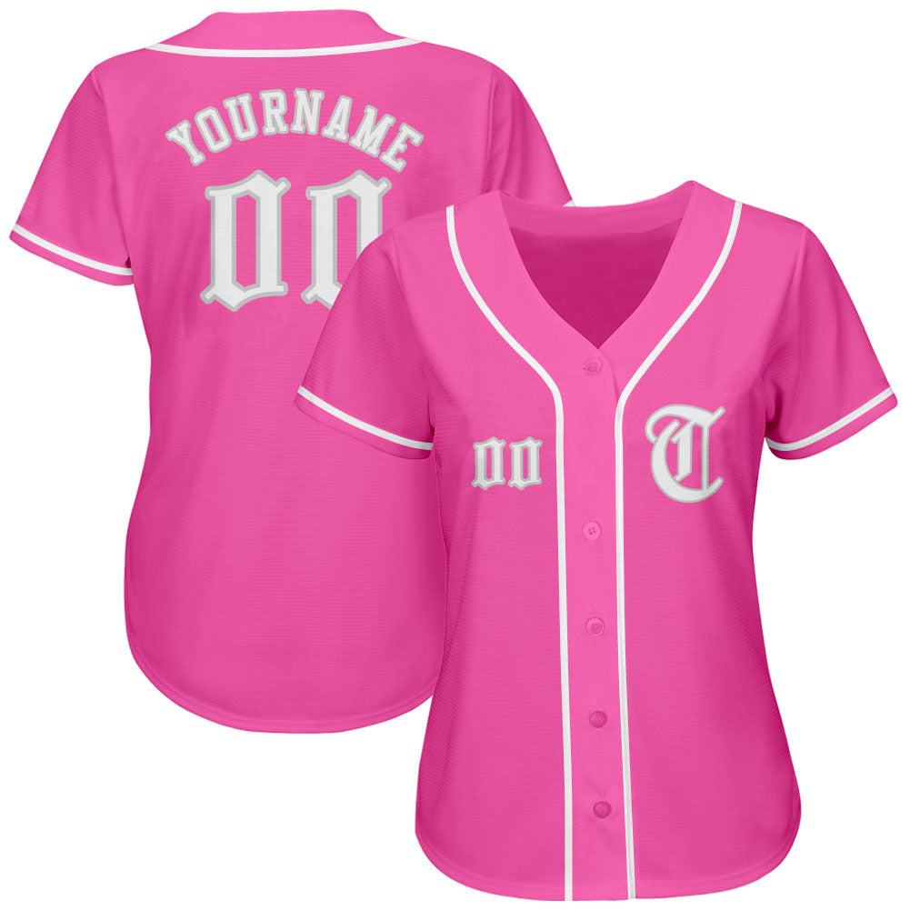 Custom Pink White-Gray Authentic Baseball Jersey baseball jersey product view 2