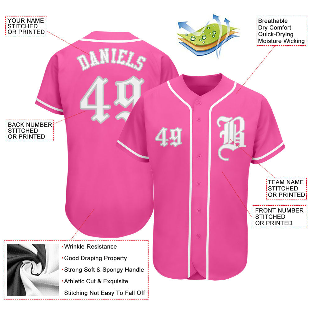 Custom Pink White-Gray Authentic Baseball Jersey baseball jersey product view 3