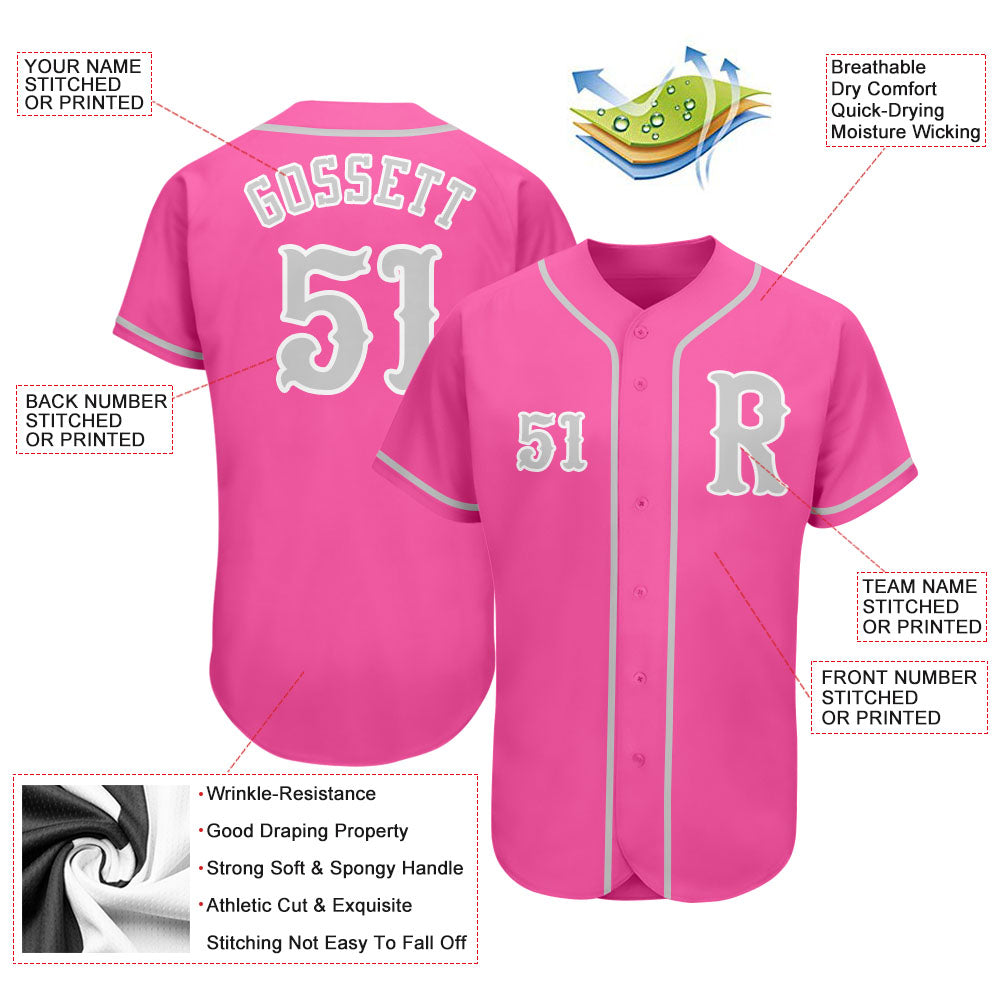 Custom Pink Gray-White Authentic Baseball Jersey baseball jersey product view 3