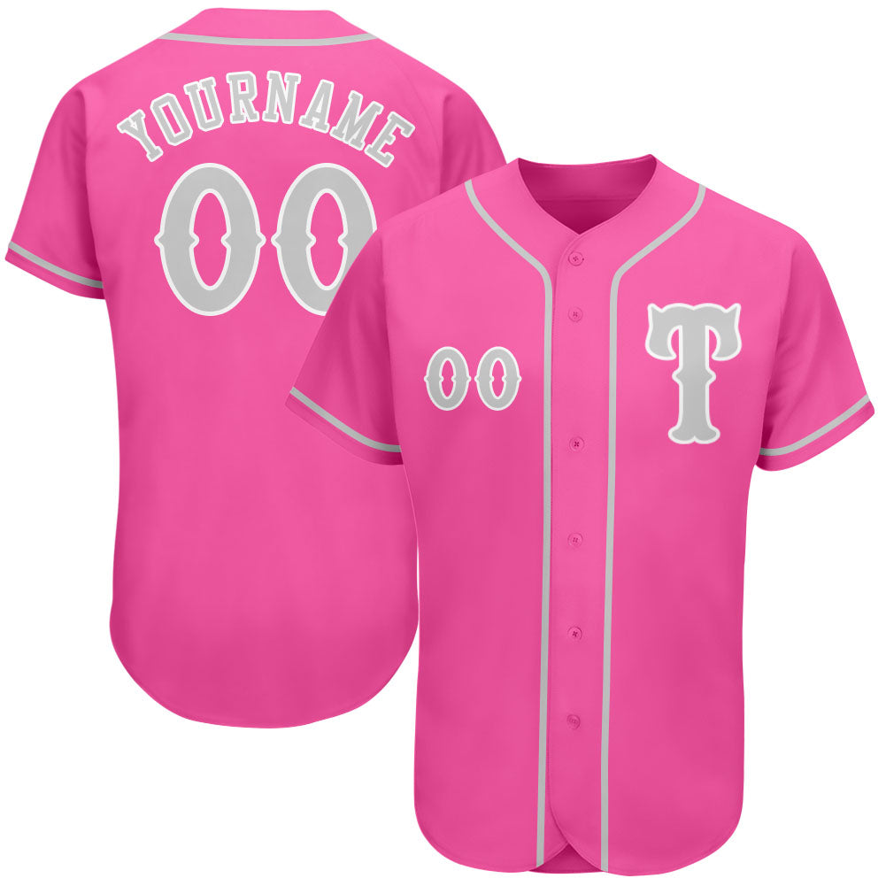 Custom Pink Gray-White Authentic Baseball Jersey baseball jersey product view 1