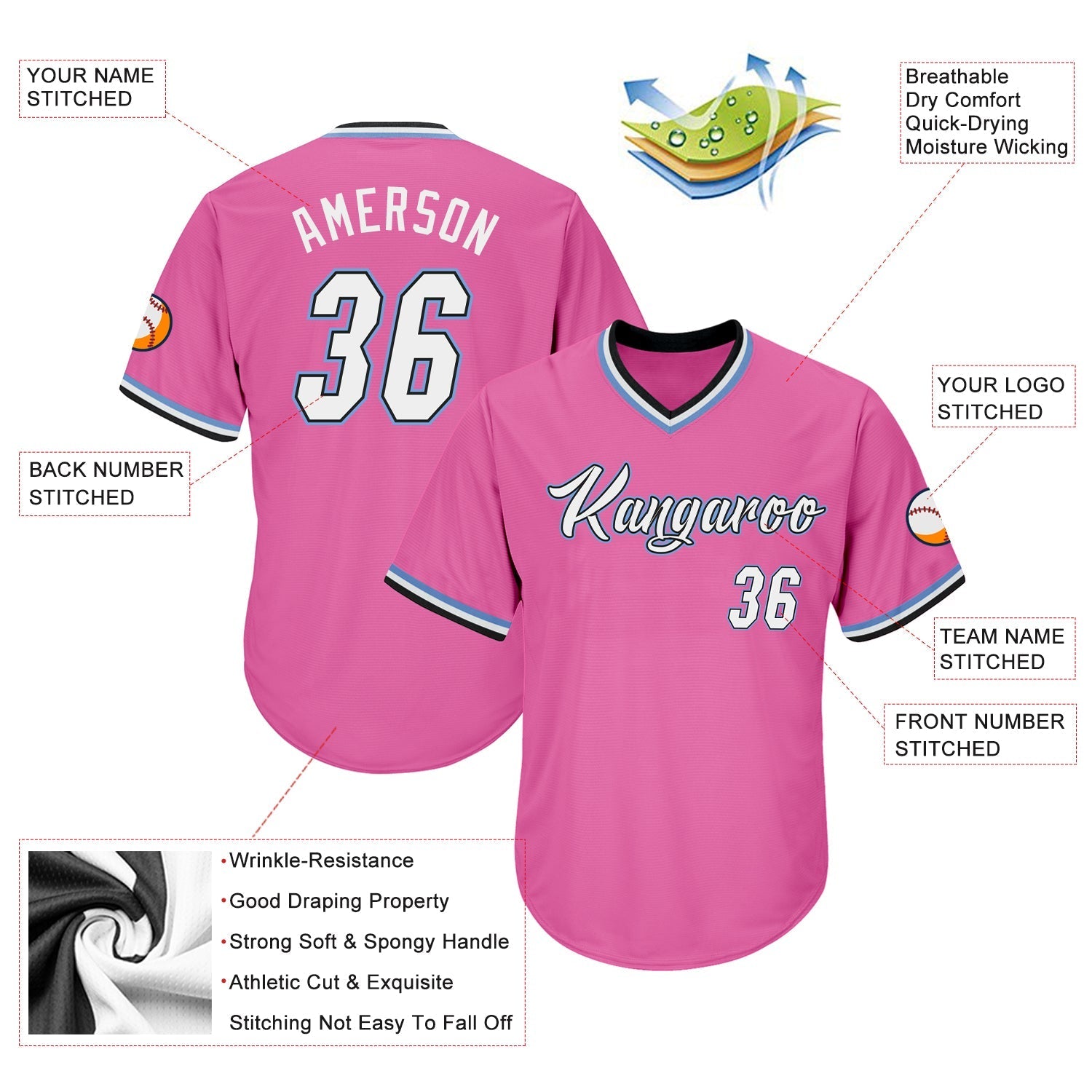 Custom Pink White-Light Blue Authentic Throwback Rib-Knit Baseball Jersey Shirt baseball jersey product view 4