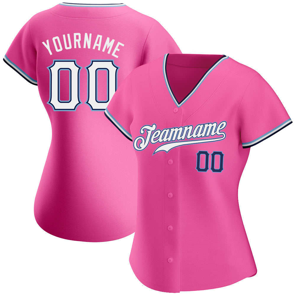Custom Pink White-Navy Authentic Baseball Jersey baseball jersey product view 2