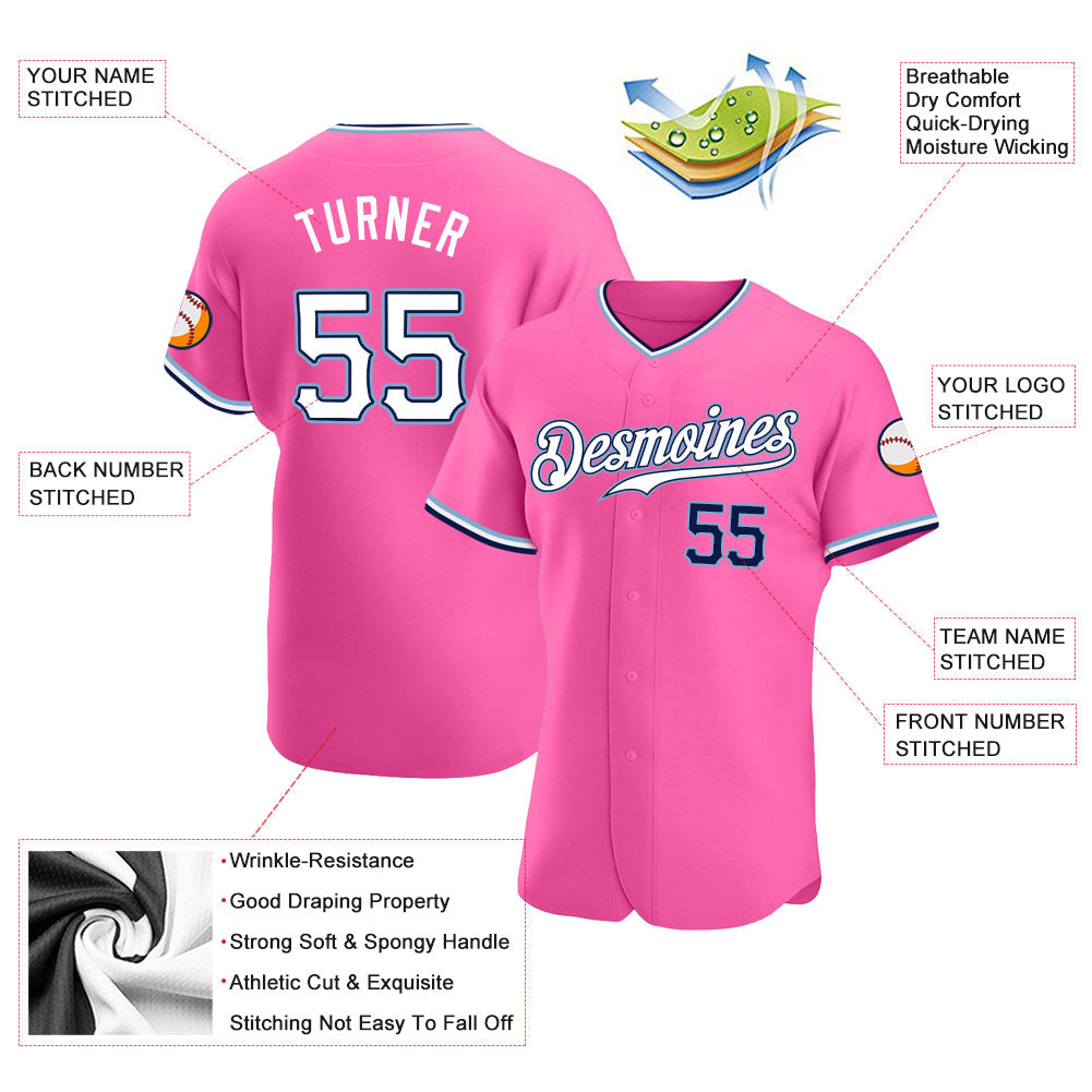 Custom Pink White-Navy Authentic Baseball Jersey baseball jersey product view 3