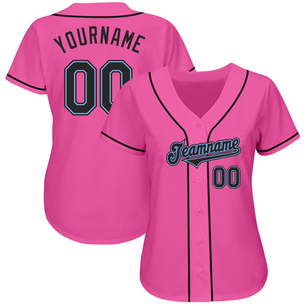 Custom Pink Black-Light Blue Authentic Baseball Jersey baseball jersey product view 2