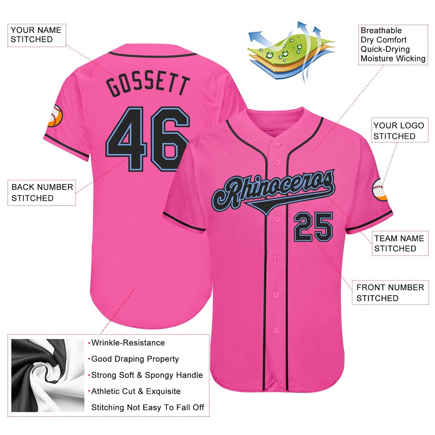 Custom Pink Black-Light Blue Authentic Baseball Jersey baseball jersey product view 3