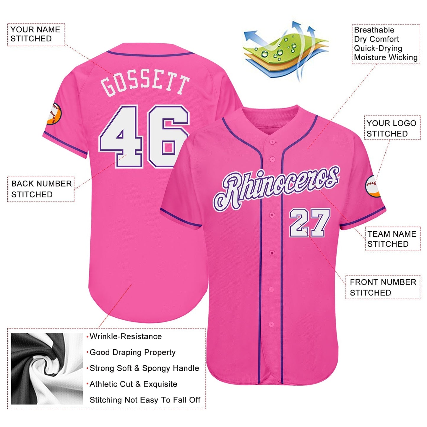 Custom Pink White-Purple Authentic Baseball Jersey baseball jersey product view 3