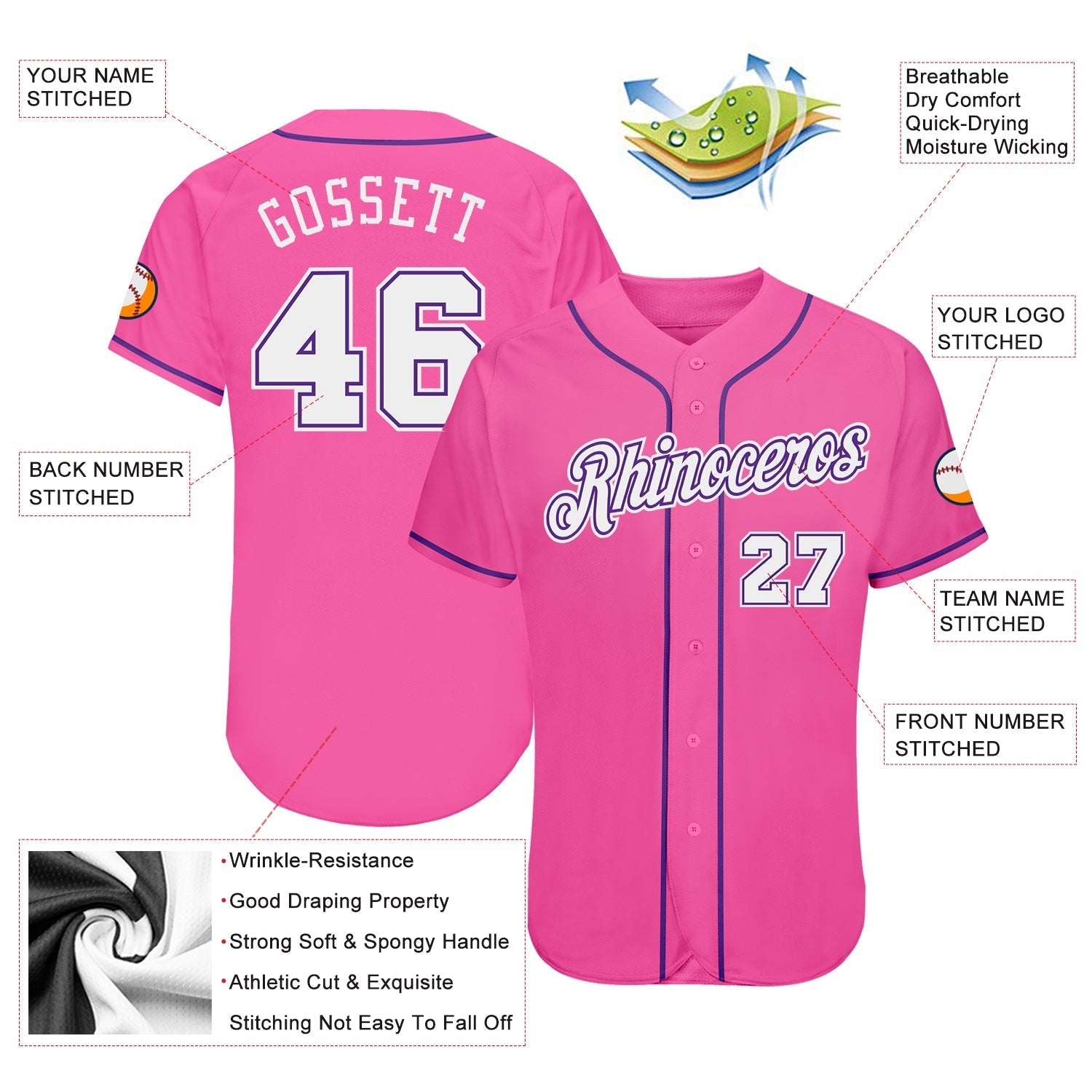 Custom Pink White-Purple Authentic Baseball Jersey baseball jersey product view 3