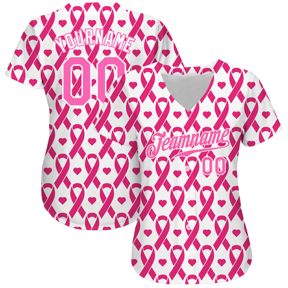 Custom Pink Pink-White 3D Pattern Design Breast Cancer Authentic Baseball Jersey baseball jersey product view 2