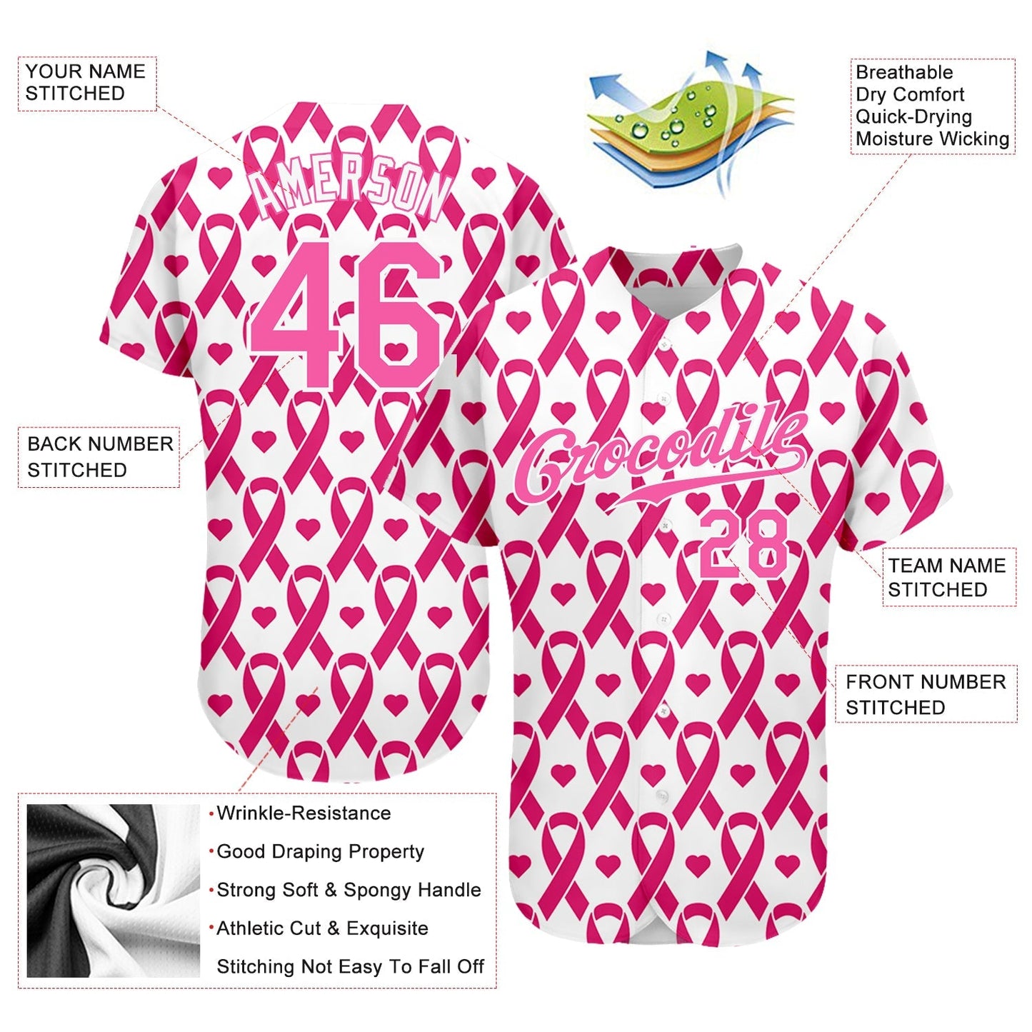 Custom Pink Pink-White 3D Pattern Design Breast Cancer Authentic Baseball Jersey baseball jersey product view 3