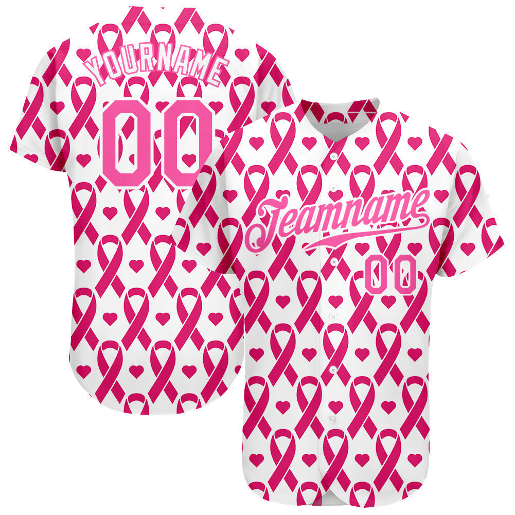 Custom Pink Pink-White 3D Pattern Design Breast Cancer Authentic Baseball Jersey baseball jersey product view 1