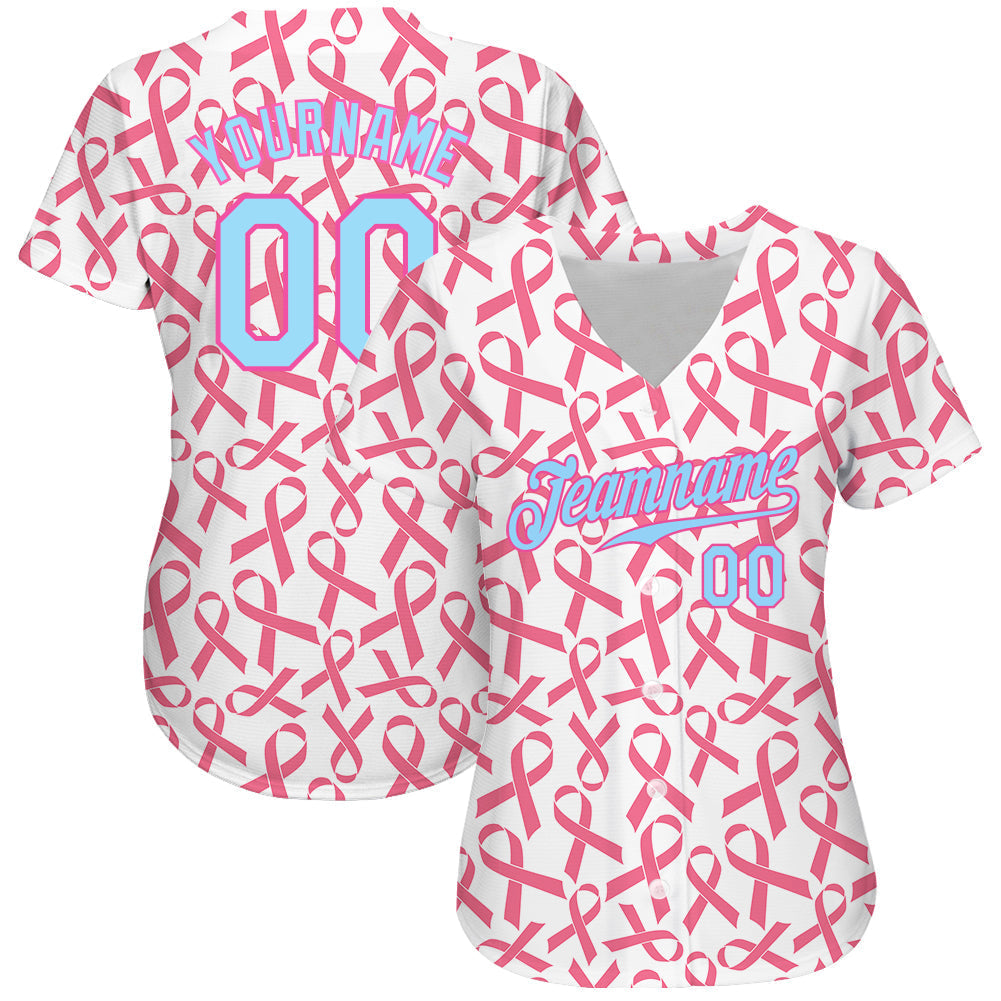Custom Pink Light Blue-Pink 3D Pattern Design Breast Cancer Authentic Baseball Jersey baseball jersey product view 2