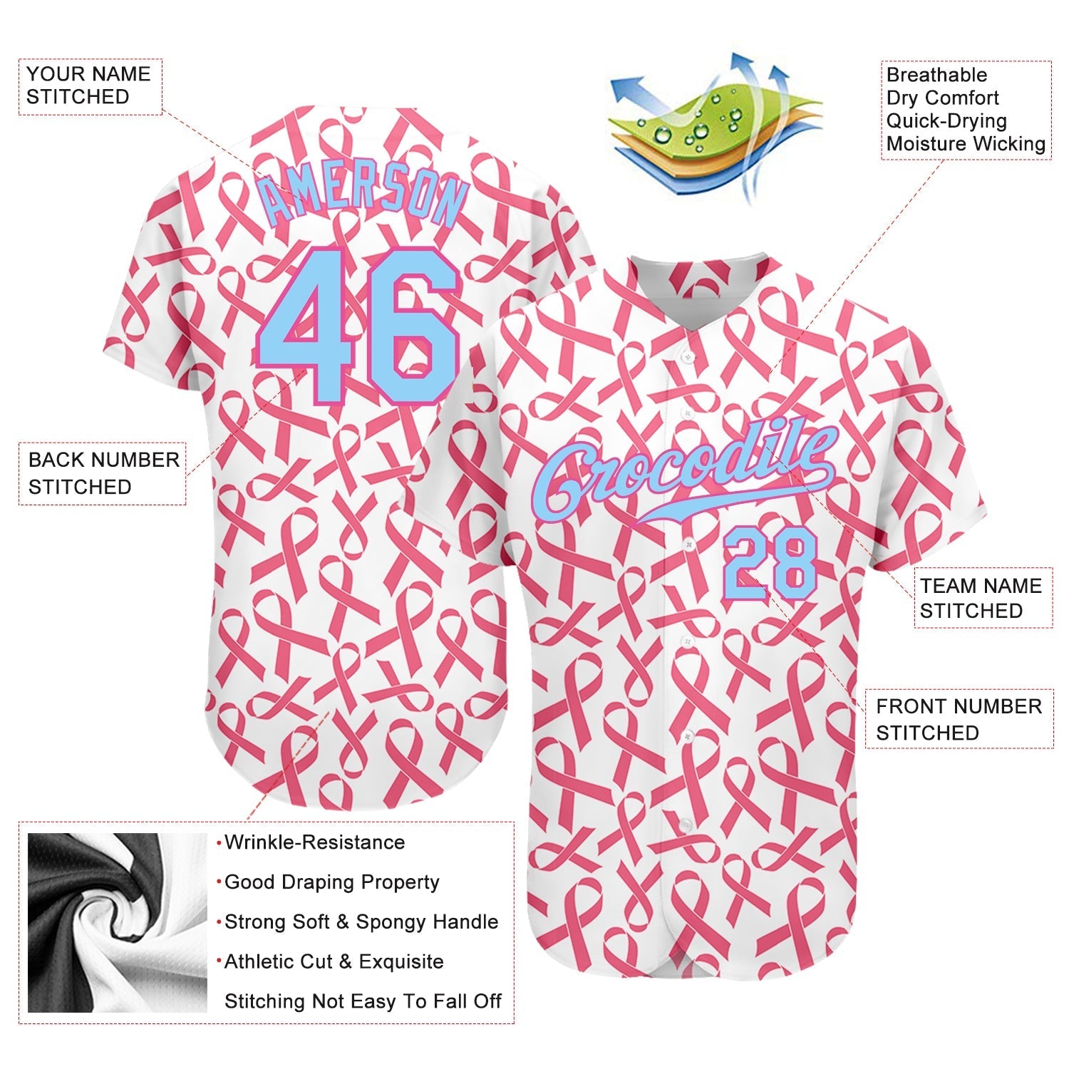 Custom Pink Light Blue-Pink 3D Pattern Design Breast Cancer Authentic Baseball Jersey baseball jersey product view 3