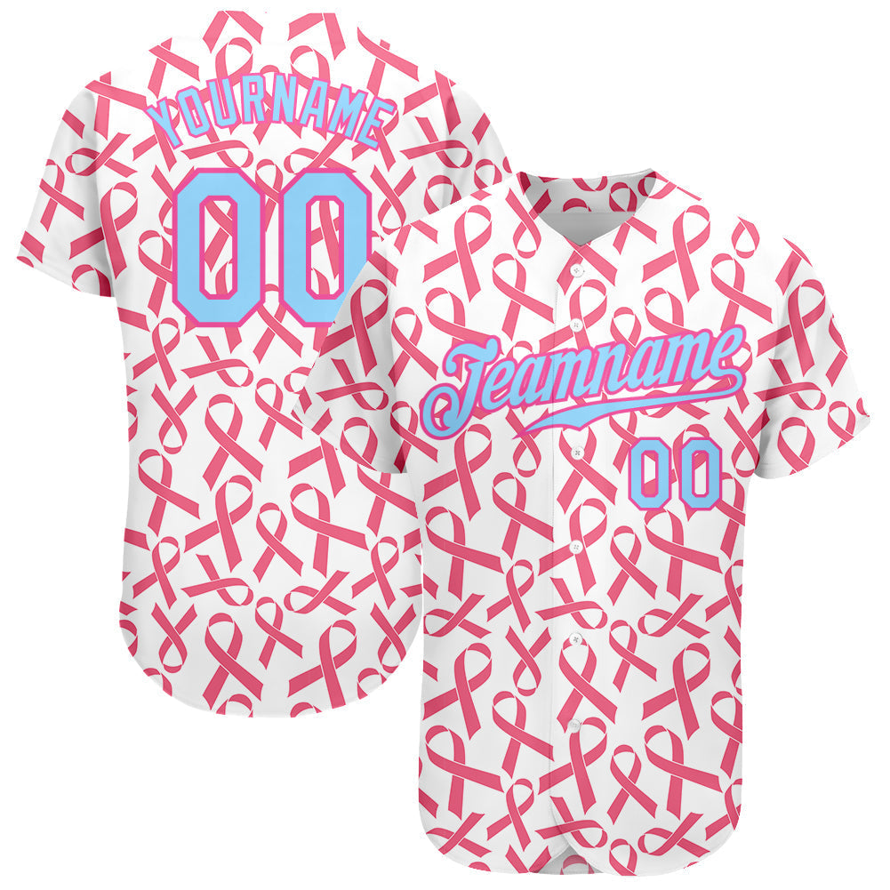Custom Pink Light Blue-Pink 3D Pattern Design Breast Cancer Authentic Baseball Jersey baseball jersey product view 1