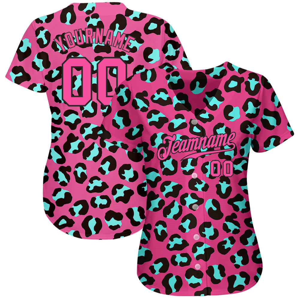 Custom Pink Pink-Black 3D Pattern Design Leopard Authentic Baseball Jersey baseball jersey product view 2