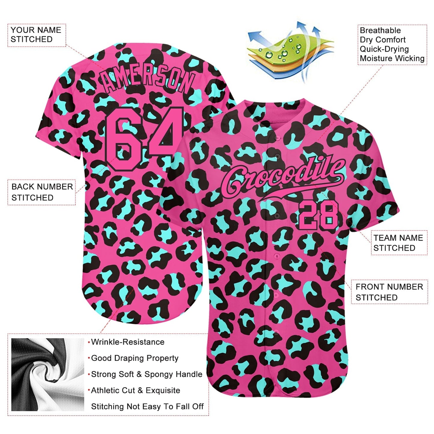 Custom Pink Pink-Black 3D Pattern Design Leopard Authentic Baseball Jersey baseball jersey product view 3