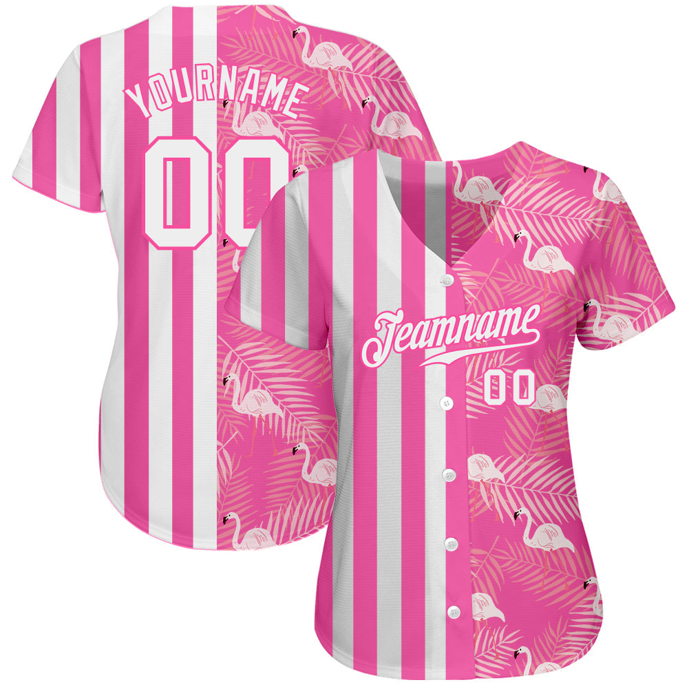 Custom Pink White 3D Pattern Design Tropical Palm Leaves And Famingo Authentic Baseball Jersey baseball jersey product view 2