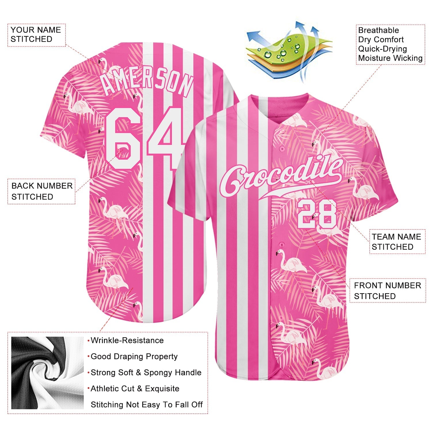 Custom Pink White 3D Pattern Design Tropical Palm Leaves And Famingo Authentic Baseball Jersey baseball jersey product view 3