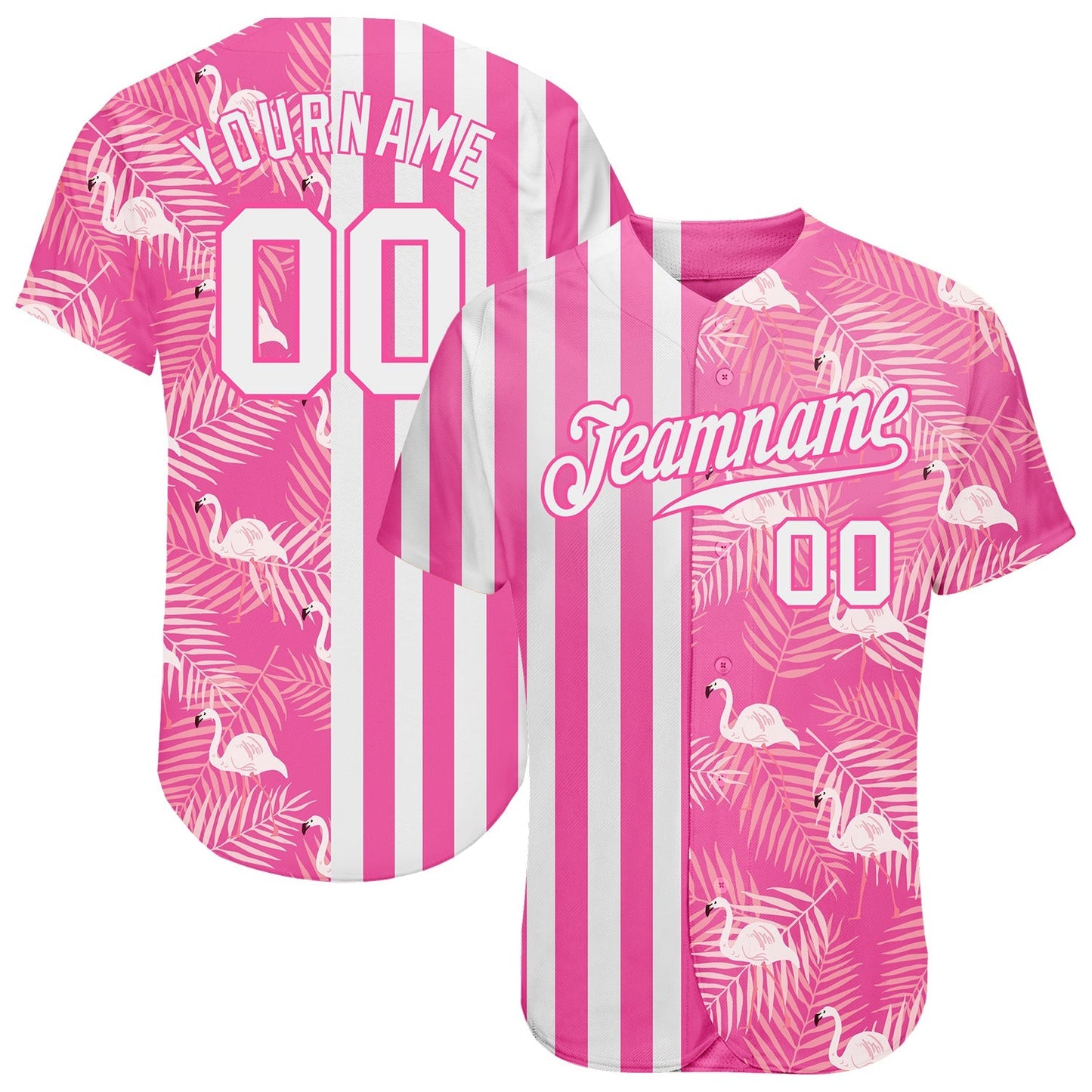 Custom Pink White 3D Pattern Design Tropical Palm Leaves And Famingo Authentic Baseball Jersey baseball jersey product view 1