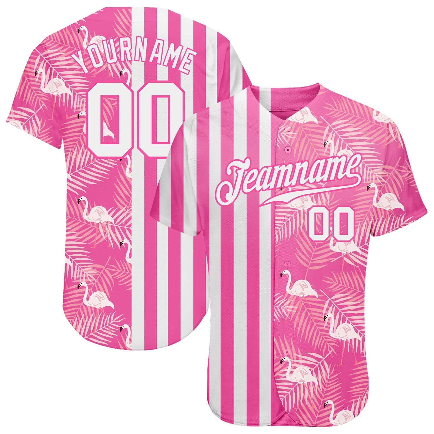Custom Pink White 3D Pattern Design Tropical Palm Leaves And Famingo Authentic Baseball Jersey baseball jersey product view 1