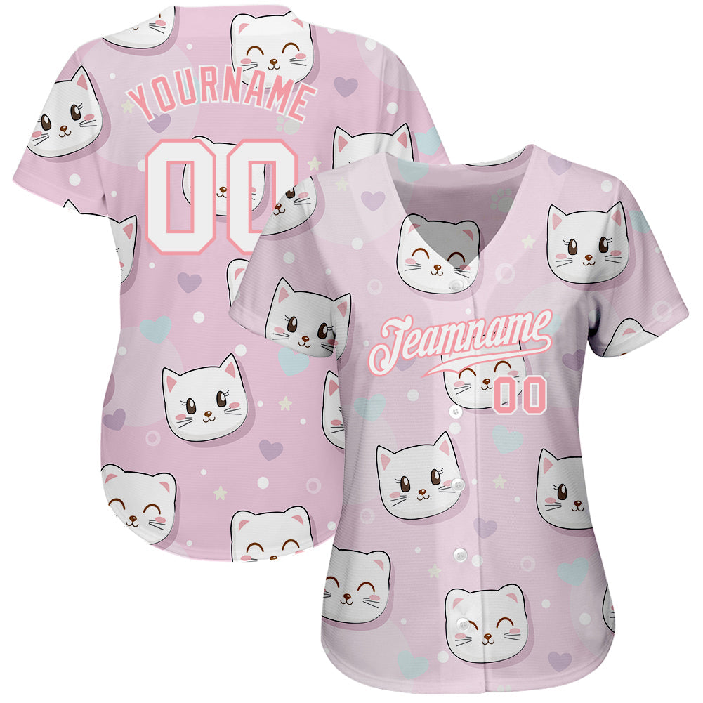 Custom Light Pink White-Light Pink 3D Pattern Design Cats Authentic Baseball Jersey baseball jersey product view 2