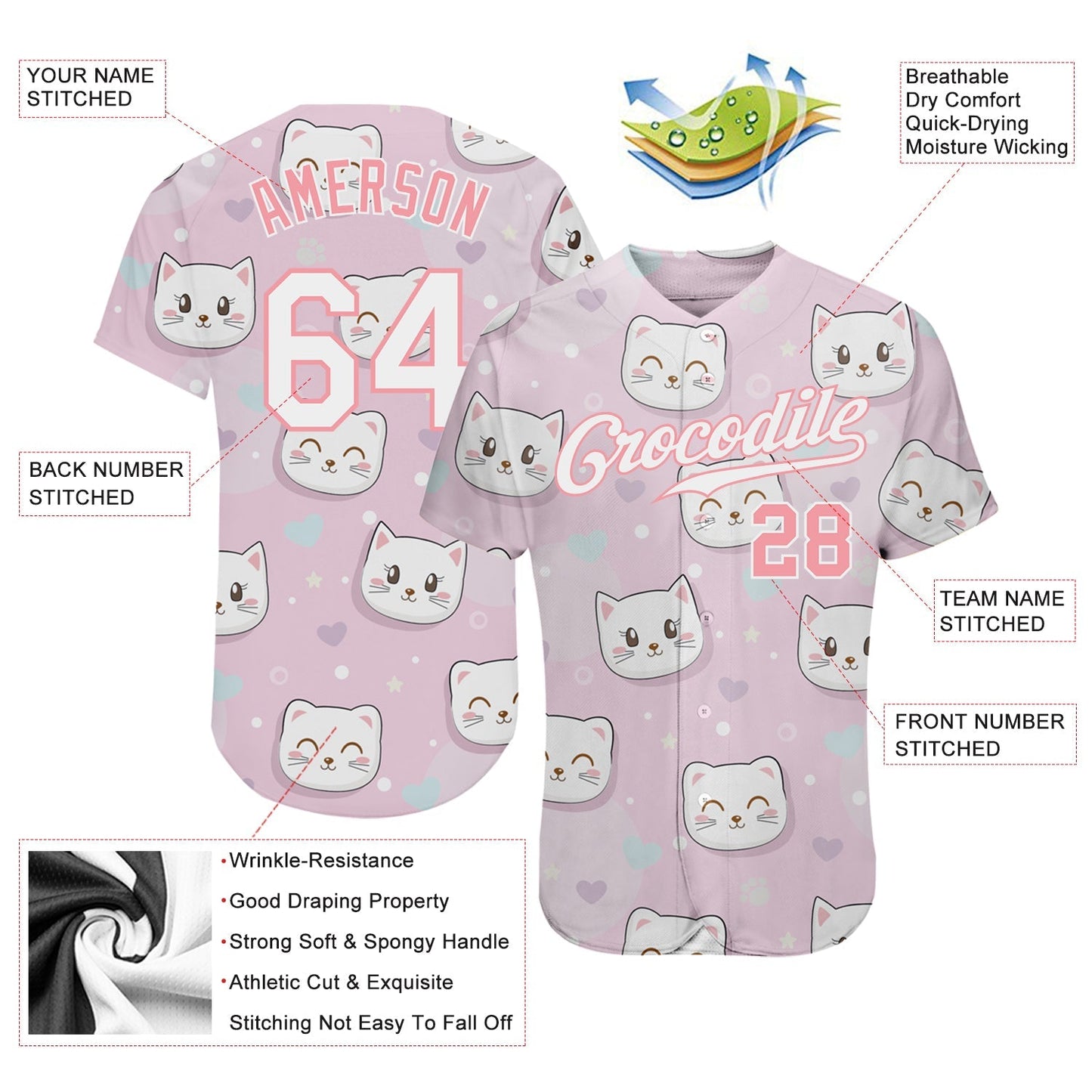 Custom Light Pink White-Light Pink 3D Pattern Design Cats Authentic Baseball Jersey baseball jersey product view 3
