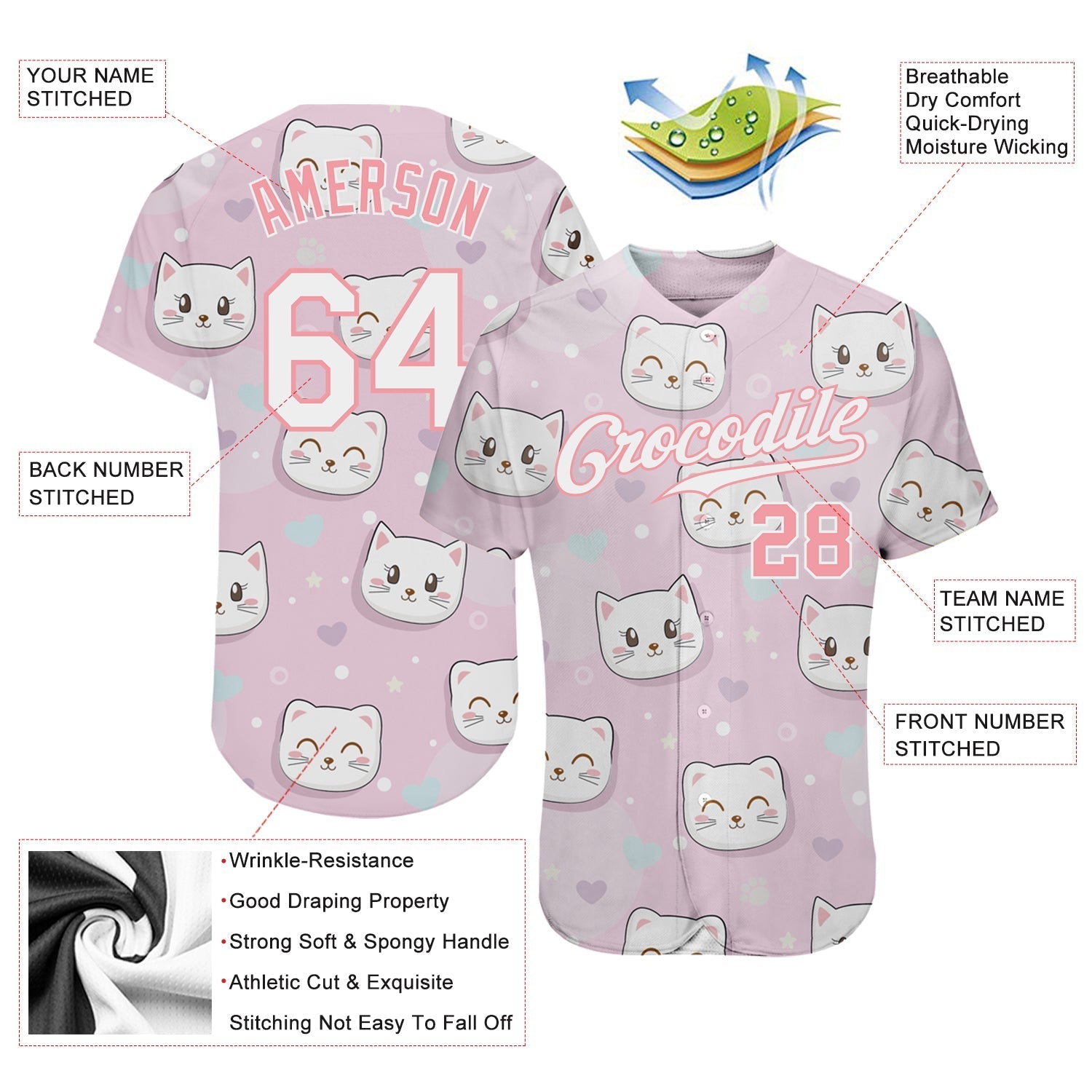 Custom Light Pink White-Light Pink 3D Pattern Design Cats Authentic Baseball Jersey baseball jersey product view 3