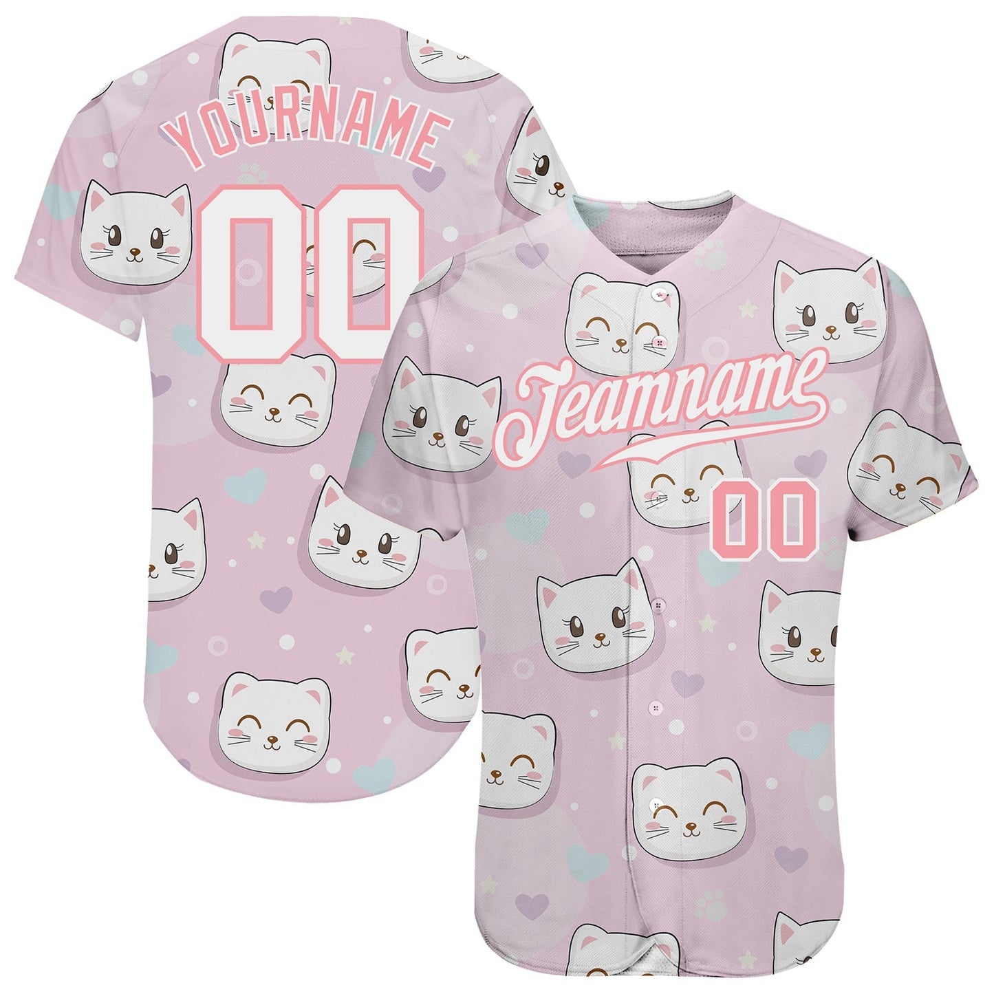 Custom Light Pink White-Light Pink 3D Pattern Design Cats Authentic Baseball Jersey baseball jersey product view 1
