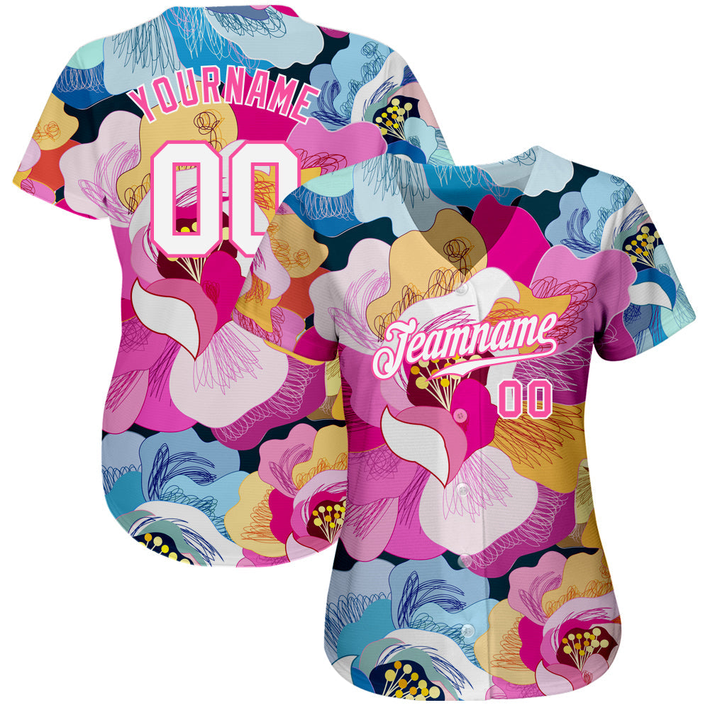 Custom Pink White-Pink 3D Pattern Design Flowers Authentic Baseball Jersey baseball jersey product view 2