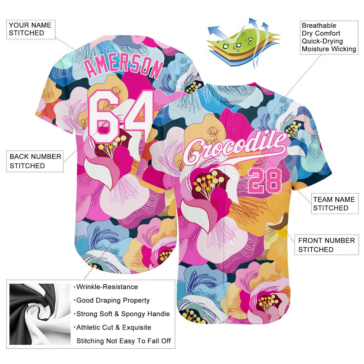 Custom Pink White-Pink 3D Pattern Design Flowers Authentic Baseball Jersey baseball jersey product view 3