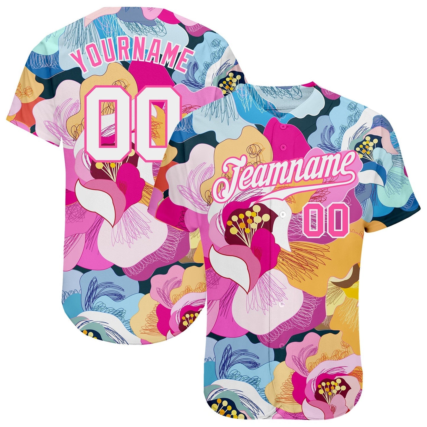 Custom Pink White-Pink 3D Pattern Design Flowers Authentic Baseball Jersey baseball jersey product view 1