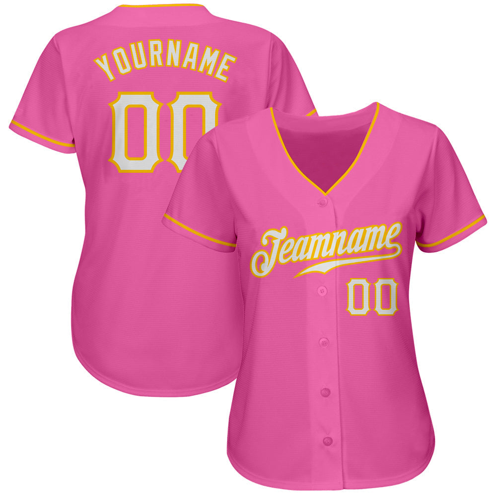 Custom Pink White-Gold Authentic Baseball Jersey baseball jersey product view 2